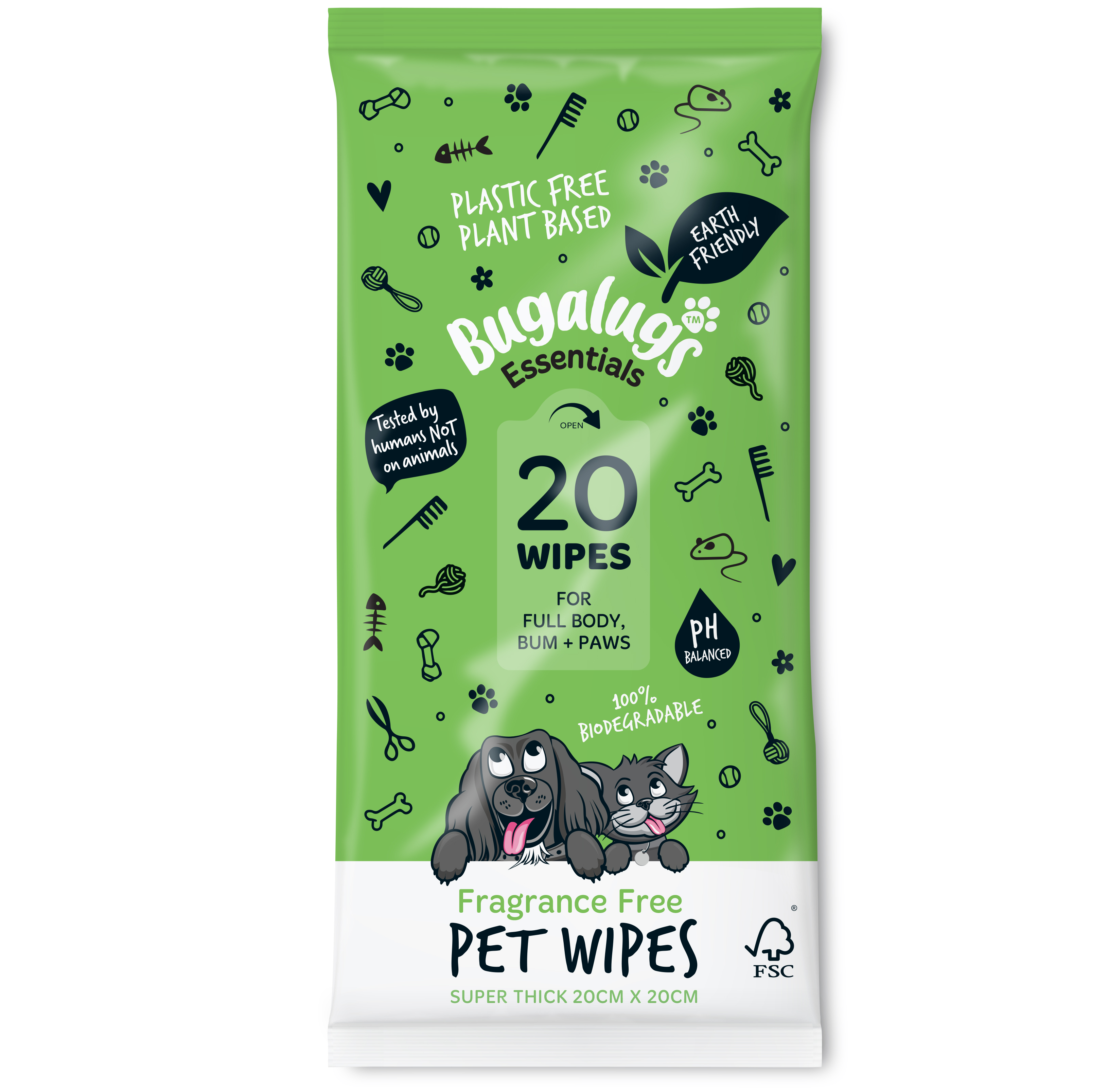 Lenços Biodegradáveis para Animais de Estimação Sem Fragrância (110 unid) - Bugalugs: 20 uds